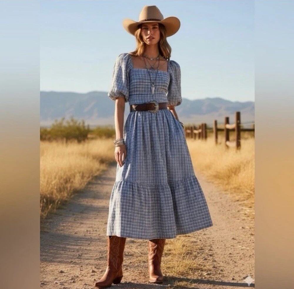 Abercrombie & Fitch Emerson Gingham Blue and White Puff Sleeve Midi Dress sizeMP